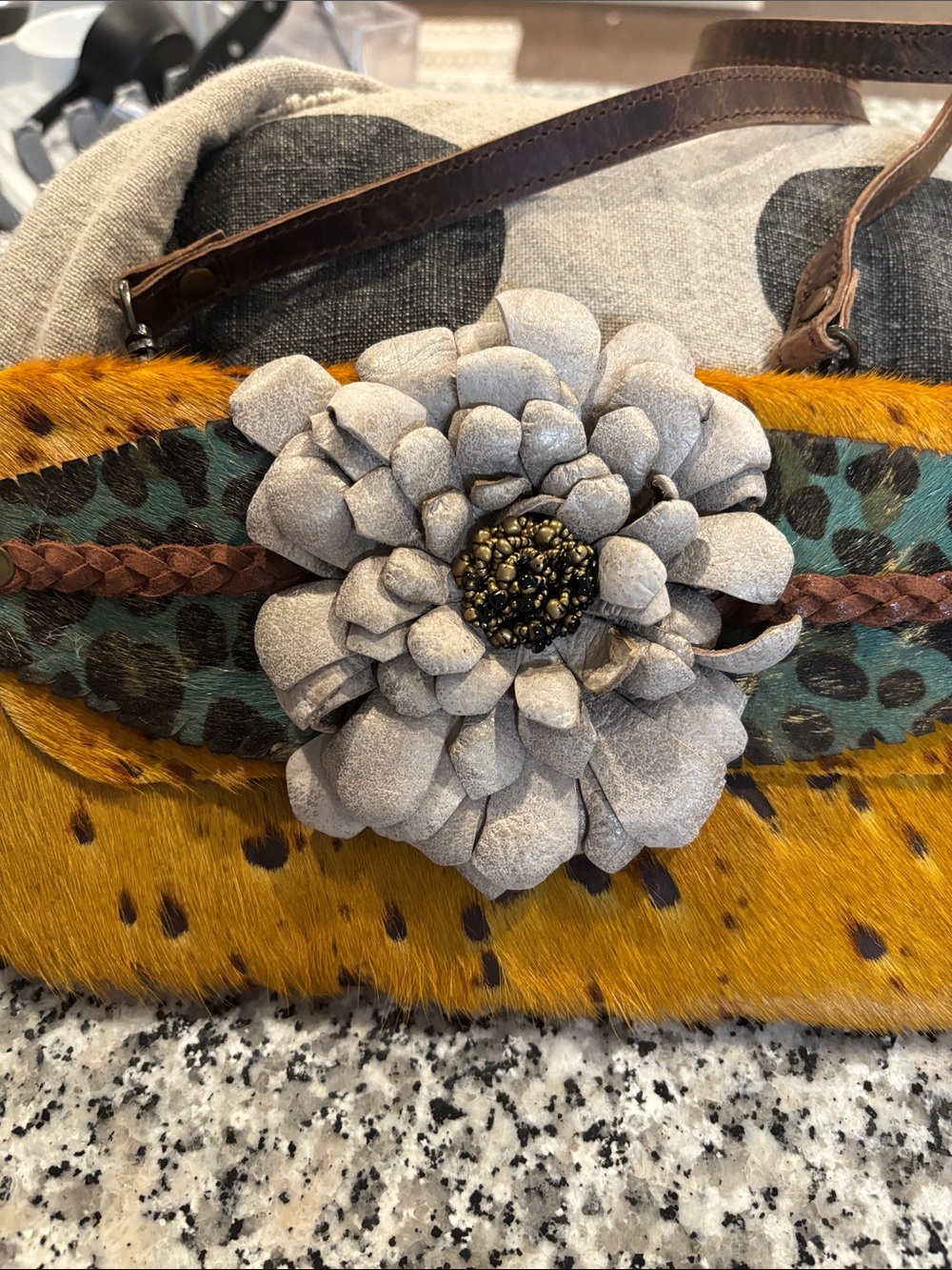 Mustard Haircalf Floral Accent Crossbody Bag - Picture 7 of 7